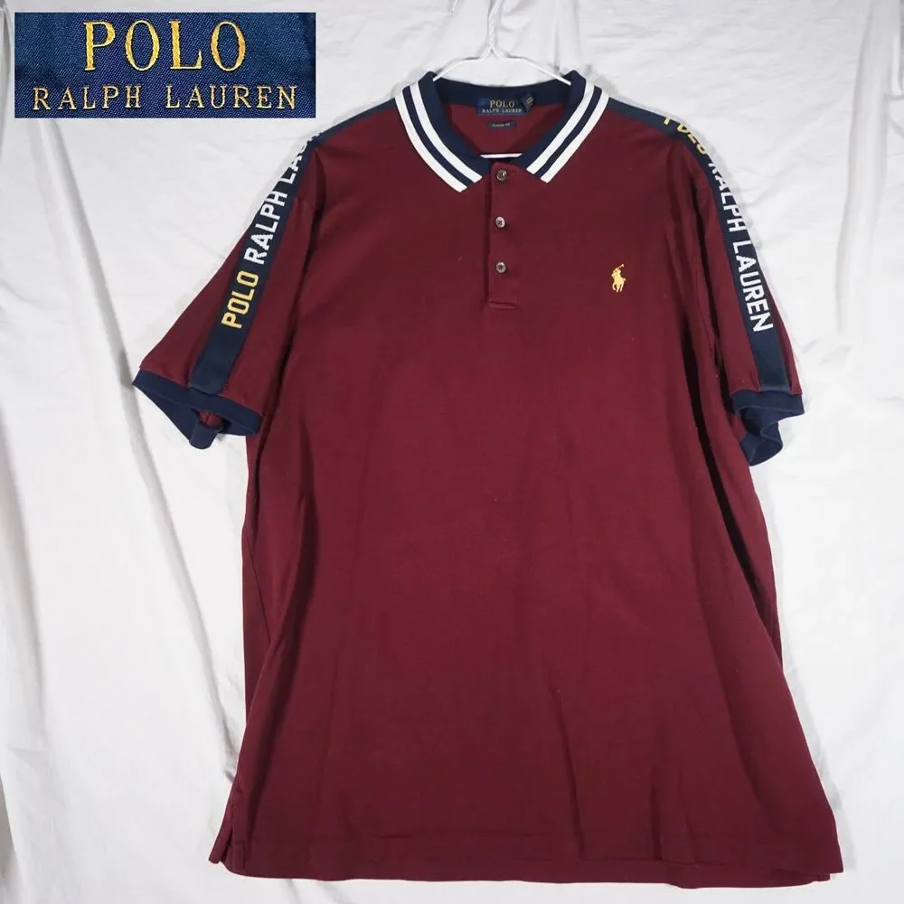 Polo Ralph Lauren Polo Shirt Maroon Black Yellow Spellout Logo Men's XL